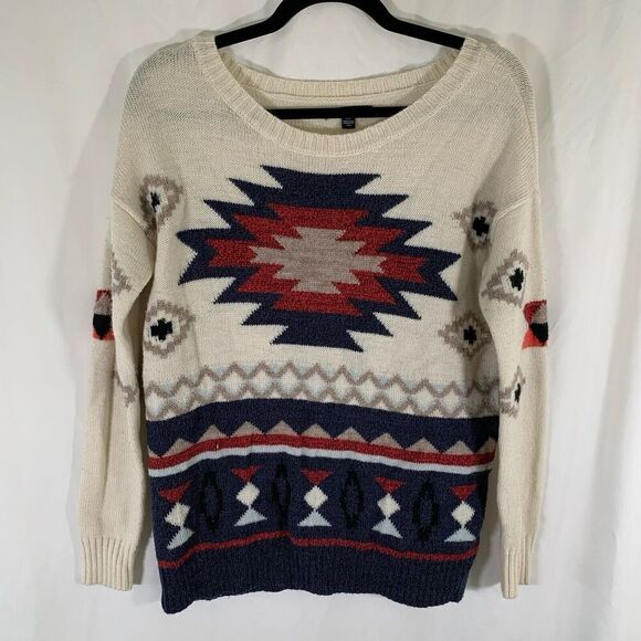 American Eagle Wool Blend Sweater Women's Small Aztec White Blue Knit Pullover - Picture 1 of 7